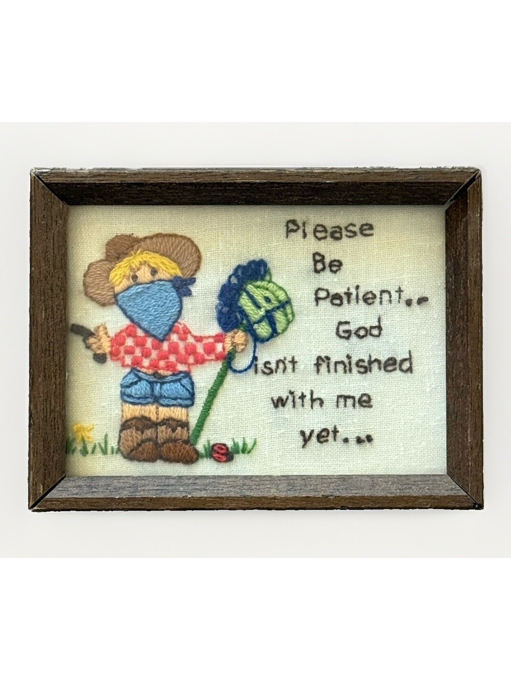 Vintage 1980 Creative Circle Patience Boy Crewel Embroidery Framed 8x6
